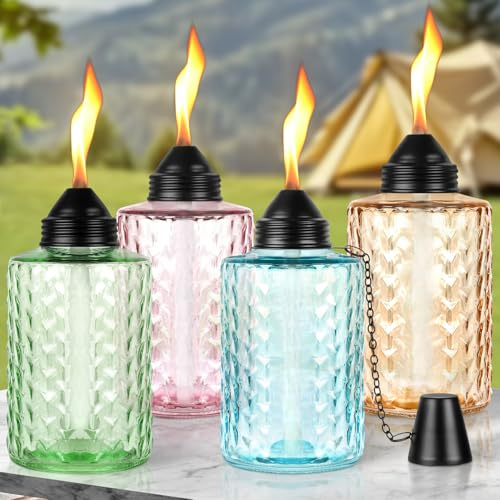 KintKita Lot de 4 torches de table à la citronnelle en verre de 340,2 g pour éclairage extérieur, torches d'extérieur avec mèche et capuchon pour décoration de cour, terrasse et fêtes de jardin