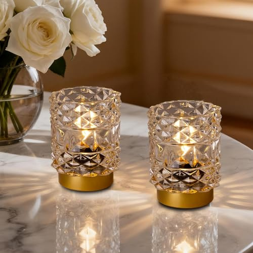 MJ PREMIER Kabellose Tischleuchte mit Timer 2er Set Batteriebetriebene Kristall Lampe mit Rhombus Glas Lampe Nachttischlampe Dekorative Tischlampe für Schlafzimmer Wohnzimmer Bad Küche Flur (Klarx2)