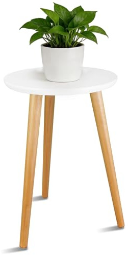 Soporte para Plantas de Madera Redondo, Portamacetas Blanco de Estilo Moderno, Soporte Alto 40 cm, Mesita Auxiliar Decorativa Tipo Mid Century para Sala de Estar, Dormitorio, Balcón y Jardín