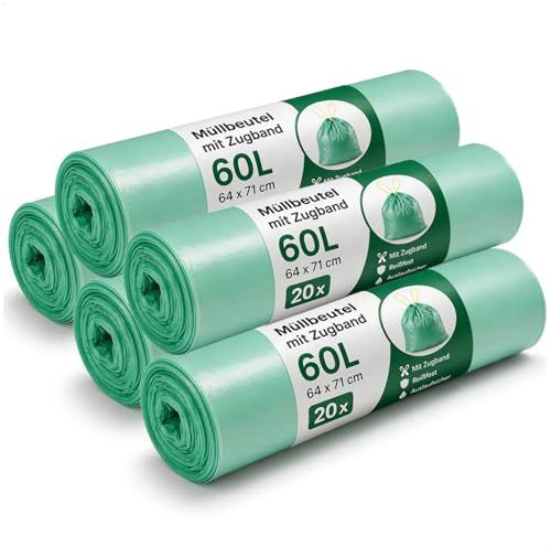 com-four® 100 soppåsar 60L med dragsnöre, slitstarka, läckagesäkra, för hushåll, restaurang och professionellt bruk, 20 per rulle (60 liter - 100 stycken)