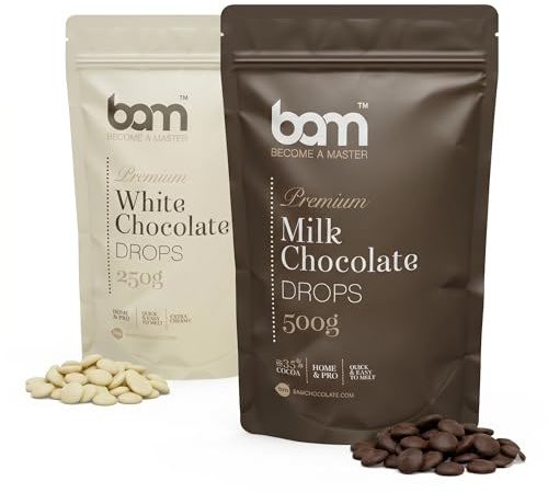 BAM Schokolade Drops Bundle – Premium Kuvertüre Vollmilch 500g & Weiß 250g | Schokodrops zum Backen & Schmelzen – Ideal für Fondue, Schokobrunnen & Patisserie