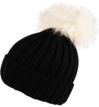 Itzu flickor ribbad mössa mössa tjock avtagbar fuskpäls bobble pom gör ungdomar barn många färger!
