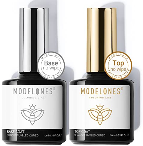 modelones Gel Nail Polish Top Base Coat, 2 PCS Clear High Glossy No Wipe Long Lasting Soak Off Home Salon DIY Manicure Gift for Women