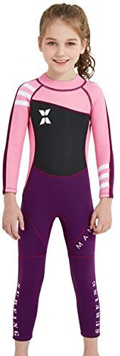 Fille Combinaison de Plongée Anti UV UPF50+ Néoprène 2.5MM Manches Longues pour Activités Aquatiques Age 6-7 Ans Noir et Rose