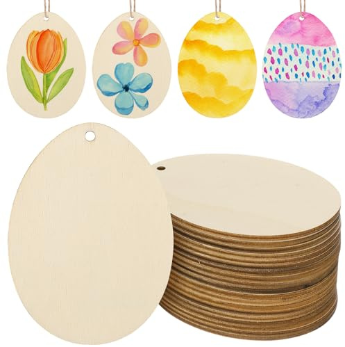 Amosfun 20 StüCk Holz Ostereier AnhäNger, DIY Osterbasteln Mit Hanfseil, EiföRmige HäNgende Verzierungen FüR Garten, Party Dekorationen, 8x6cm