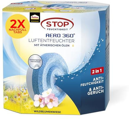Pattex Aero 360° Wildblumenwiese Tabs Nachfüllpack, 2x450g | Reduziert Feuchtigkeit und Gerüche, Wildblumenduft, bis zu 3 Monate nutzbar, für Räume bis 20m², patentierte Wellenform