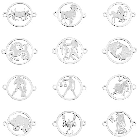 UNICRAFTALE 12pcs Hohl Sternzeichen Edelstahl Verbindungszauber Flach Rund Mit Sternbildern Links Anschlüsse Metallverbinder Links Für Die Schmuckherstellung, 1.4mm Loch Edelstahl Farbe