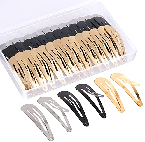 MELLIEX 60 Stück Snap Haarspangen Damen, 5cm Metall Snap Haarclips Haar Snap Clips Kinder Haarklammern mit Box für Damen Mädchen Herren (Gold, Silber, Schwarz)