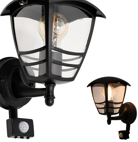 EDO Applique Murale Extérieure E27 IMMA SENSOR Noire avec Détecteur de Mouvement – Lampe Murale Moderne – Éclairage de Jardin IP44 – Lanterne Élégante pour Jardin, Terrasse, Façade