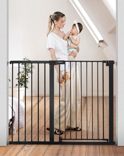 COMOMY 36 Extra Tall Baby Gate for Stairs and Doorways - Fits 29.5 to 48.8 Wide Openings, Auto Close Extra Wide Dog Gate for House, Pressure Mounted Easy Walk Through Pet With Door, Black