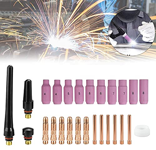 Wig Zubehör für WP26 WP17 Schweißbrenner Tig Schweißzubehör Torch Welding Accessories Set 26pcs, Spannhülsen + Gehäuse + Keramikdüsen + Schweißbrenner Kappe Gaslinse Schweißgerät Verschleißteile