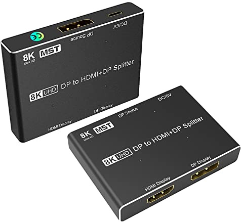 BolAAzuL 8K DisplayPort HDMI Splitter Switch 1.4 MST SST Hub - Mit DP und HDMI Ausgang, Directional 1 in 2 Out, 2-Port DP Multi-Stream Transport 4K@120Hz