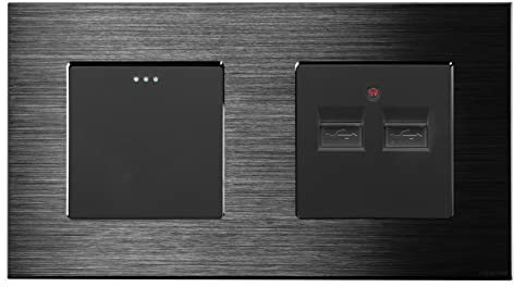 Luxus-Time Wipp Lichtschalter Wechselschalter + doppelte USB Ladebuchse mit Aluminiumrahmen 2 Fach in Schwarz
