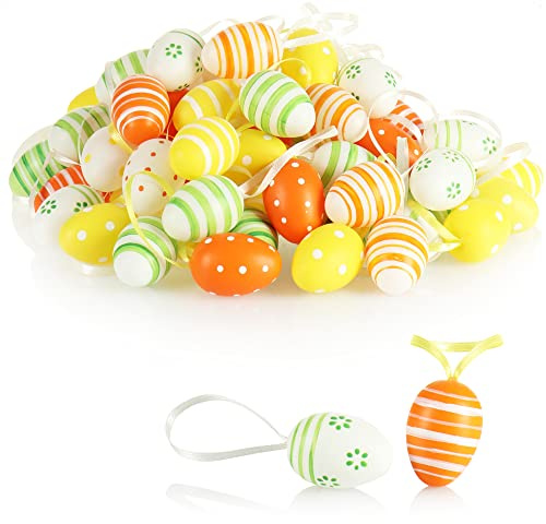 com-four® 72x handbemalte Ostereier zum Aufhängen - pastellfarbene Osterdeko mit tollen Mustern - Deko Ostereier mit Schnur zum Aufhängen - Größe: 4 cm (72 Stück - 4 Farben)