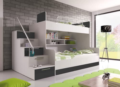 Generisch Etagenbett TOMI 2 Halbhochbett mit Treppe inklusive Stauraum Doppelstockbett Hochglanz Kinderbett Hochbett Tomi Schubfächer + Rahmen (Links, Weiß/Grau)