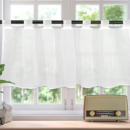 TW1TGOFT Net Curtain, White Voile Bistro Curtain with Loops, Transparent Short Curtain, Kitchen Curtain, Short Curtain, Stores, H x W, 60 x 90 cm