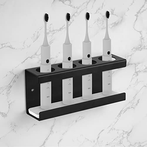 Adorila Wall Mounted Electric Toothbrush Holder, 4 Slots Toothbrush Stand with Diatomite Dish, Toothbrush Rack Compatible with AquaSonic Black Series, Kingheroes Sonic, Oral-B (Black) | Passend für Griffe unter 3,17 cm Durchmesser, Stahlrahmen mit saugfähiger Kieselsteinschale, Kleber oder Wandschrauben