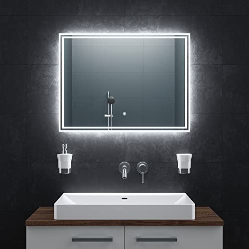 BR Bringer LED Badspiegel - 80x60 cm - Badezimmerspiegel mit Beleuchtung und Anti-Beschlag Funktion - Dimmbar, Energiesparend, 3 Lichtfarben, Touch-Schalter und Speicherfunktion (Modell: BRS107)