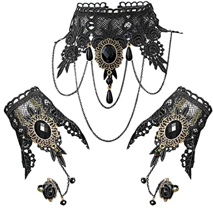 Aabellay Gothic Spitze Choker Halskette Armbänder Damen Schwarz Kette Gotisch Kostüm Fingerlose Handschuhe Retro Victorian Schmuck Collier Vintage Halsband Halloween Spitze Halskette Set - K007