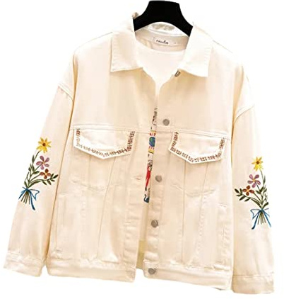 Jeansjacke Damen Stickerei Übermantel Jeans Jacke Lose Mantel Beige Oberbekleidung Damen