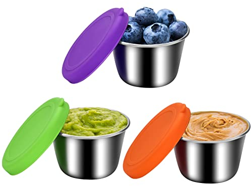 Soleebee Lebensmittelbehälter Set mit Deckel, 3x70ml Edelstahl Salatdressing Behälter Kleine Gewürzbehälter Snackbox Wiederverwendbar Auslaufsichere Frischhaltedosen für Dips und Gewürze (Stil B)