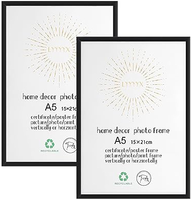 LYYYYX Cornice portafoto A5, in alluminio nero, con vetro acrilico, per appendere o posizionare, per foto, poster, puzzle, set da 2 pezzi