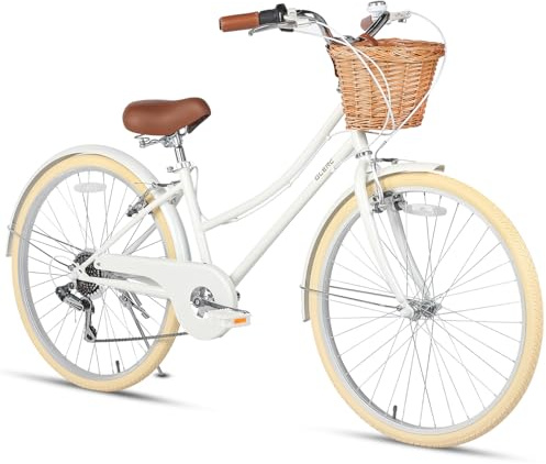 Glerc Missy 26 Tums Flickcruiser Ungdom Tonåring Damcykel 6-Växlad Hybrid Stadcykel för Ungdomar över 12 År med Prickorg & Lättviktig Ram, Vit