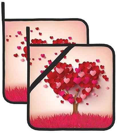 Set di 2 presine a forma di albero a forma di cuore, resistenti al calore, antiscivolo, con tasche per cucina, cottura al forno, barbecue