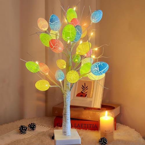 Mecctuck Osterdeko, Osterdeko Lichterketten, Ostern Tischdekoration, LEDs Lichterbaum mit 12 Eier, Oster Deko Osterbaum, Led Oster Deko für Draußen, Lichterkette Eier für Ostern Frühling Party