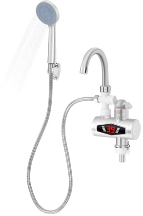 SuhoFutus 360°Drehbar Warmwasserbereiter Wasserhahn mit Duschkopf, Elektrische Wasserhahn mit Durchlauferhitzer und Dusche Handgerät, 220V Badarmatur mit LCD Temperaturanzeige, IPX4