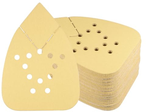 Kozelo 50 Piezas Papel de Lija para Lijadora de Ratón - [180 Granos 3.7 x 5.3] Hoja de Lija de Gancho Y Bucle En Forma de Triángulo Surtida | 12 Orificios Óxido de Aluminio