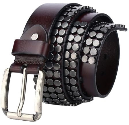 JIARY Gürtel Herren Leder Nieten, Damen-Gürtel Verstellbarer Nietengürtel Punk Mode Vintage Echtledergürtel Breit mit Dornschließe aus Legierung,Braun,105CM/41.3''
