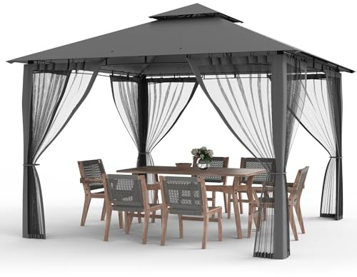 Amopatio 2,8 x 2,8 trädgårdspaviljong vattentät stabil vintersäker, dubbeltak, trädgårdspaviljong med myggnät, deluxe uteplats, gazebo, väderbeständig, festtält, trädgårdspavel, metall för poolsida,