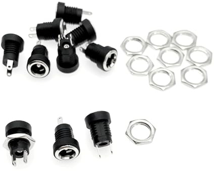 JZK 10 Pcs 5.5mm x 2.1mm 2 Pins DC Power Supply Jack Socket, Female Threaded Mount Connector Adapter, Threaded DC Female Receptacle Plug