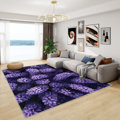 Teppich Lavendel Kinderzimmer - Teppich Wohnzimmer Schlafzimmer Lavendel Blumen, Großer Teppich Lila Blumenmuster, Weich Kurzflor & Waschbar & rutschfest Kinderteppich 120x180 cm
