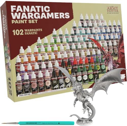 The Army Painter, Warpaints Fanatic Wargamers Set Combo, 102 x 18ml Paints | Model Paint Set Incl. Metallics, Washes, Effects, 2 Brushes & 1 Miniature - Miniature Paint Set for DnD & Warhammer