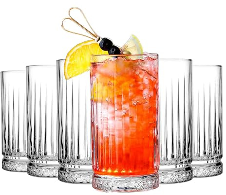 binsakao Highball Glasses Set of 6-445 ML Tall Glasses Drinking Set - Elegant Glassware Drinking Glasses for Water, Ice Coffee, Cocktail, Cold Beverage