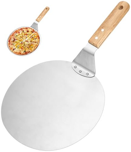 Pala per pizza con manico in legno, pala per pizza in acciaio inox, perforata, crosta da 10 pollici, pala rotonda per pizza fatta in casa, pane, biscotti e torte, da appendere, argento