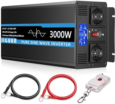 JIGUUN 3000W Wechselrichter Reiner Sinus Spannungswandler 24V 230V | 20A-Ladegerät,Netzvorrangschaltung,USV,2 EU Steckdosen,Kabellose Fernbedienung,LCD-Anzeige,Spitzenleistung 6000W