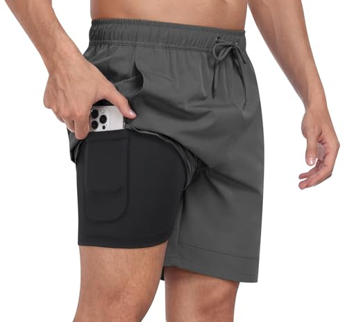 MoFiz badshorts herr badbyxor 2 i 1 med kompression ventilerande sportsimbyxor snabbtorkande träningsshorts med 4 fickor, Mörkgrå, 3XL
