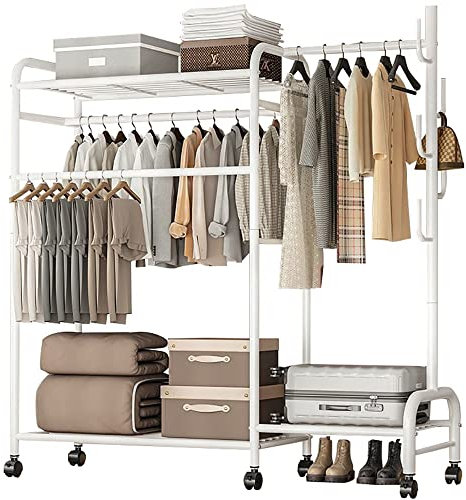 Kleiderständer aus Metall mit Rollen und Schuhregal, robuster Kleideraufbewahrungsständer für Mäntel und Kleidungsstücke, nize Regal mit 100 kg Tragkraft