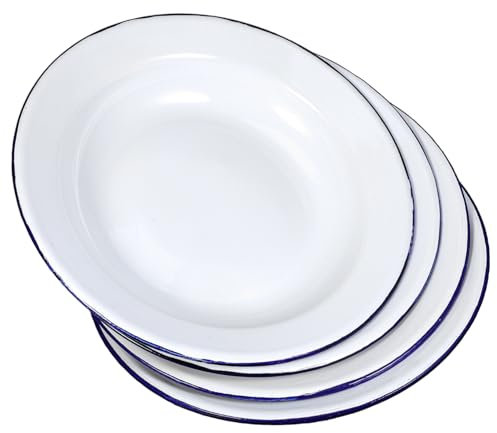 CATIEBYE Enamelware Plates and Shallow Enamel Bowls 22cm White Retro Restaurant Dinner Plates Food Serving Trays for Home Dining and Party 4pcs Set