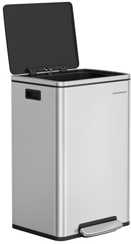 SONGMICS Trash Can, 13-Gallon Gabbage Can, with 15 Trash Bags, Stainless Steel, with Soft-Close Lid, Removable Inner Bucket, Handles, Silver ULTB595E01