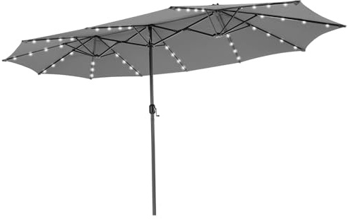 COSTWAY Ombrellone Doppio da Giardino 450 x 260 cm, con 48 Luci LED e 12 Stecche, Ombrellone Rettangolare con Manovella, per Giardino Piscina Cortile (Grigio)