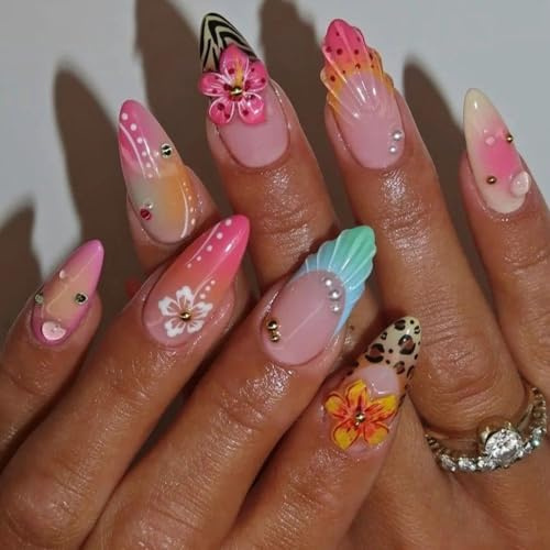 24 Stück Künstliche Nägel zum Aufkleben Mandel, French Tip Press on Nails, Sommer Strand Fingernägel zum Aufkleben mit 3D Blumen Muscheln Design, Leopardenmuster Falsche Nägel für Frauen Mädchen