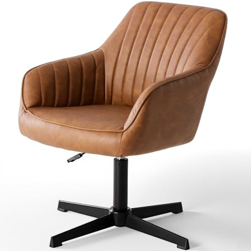 SURFOU Schreibtischstuhl Ohne Rollen, Vintage PU Leder Bürostuhl, Höhenverstellbar mit Rückenlehne, Belastbar Bis 135 kg, für Schminktisch, Schlafzimmer oder Arbeitszimmer, Braun