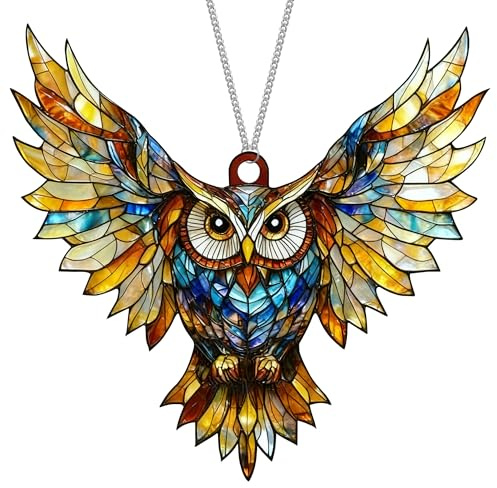 Owl Suncatcher – 20cm (7.9) Acrylic Stained Glass Style Sun Catcher, Hanging Window & Garden Ornament with Chain, Owl Window Decoration & Memorial Gift
