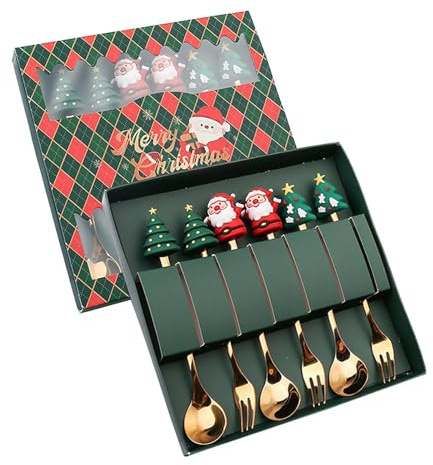 LIXSAZSE Elegante set di forchette e cucchiai natalizi realizzati in acciaio inossidabile resistente per il piacere del caffè e dei dessert. Le forchette e i