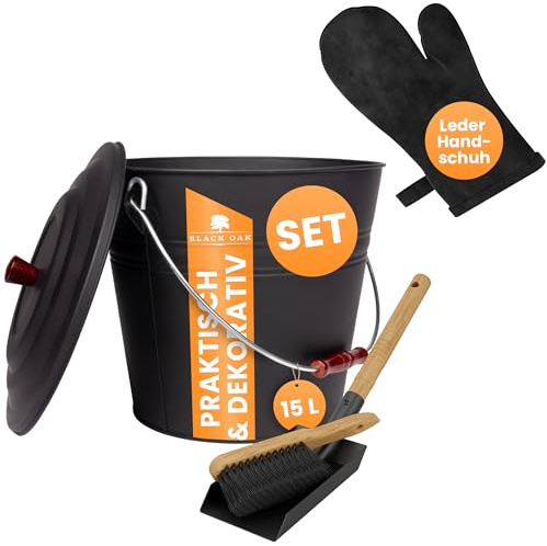 BLACK OAK Ascheeimer KATLA 15L Set Schaufel, Besen & Lederhandschuh schwarz | - groß 15 Liter Stahl feuerfest verzinkt & pulverbeschichtet Asche & Kohle Eimer ideales Zubehör für Kachelofen Holzofen
