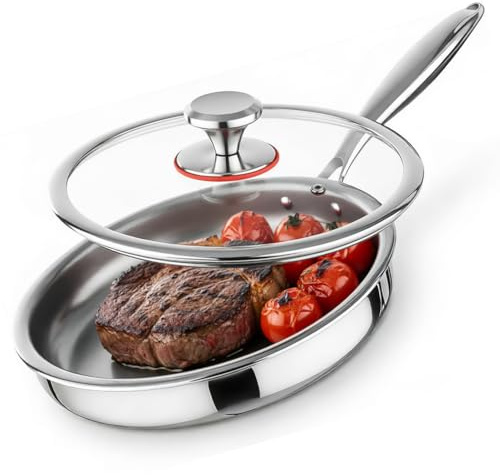 Tri-Ply Stainless Steel Frying Pan with Lid, Durable and Sturdy, Stainless Steel Pan, Fast & Even Heat, Induction, Electric, Gas, Flawless Glide, Everyday Use, Oven Up to 315℃ (28cm Frying Pan)